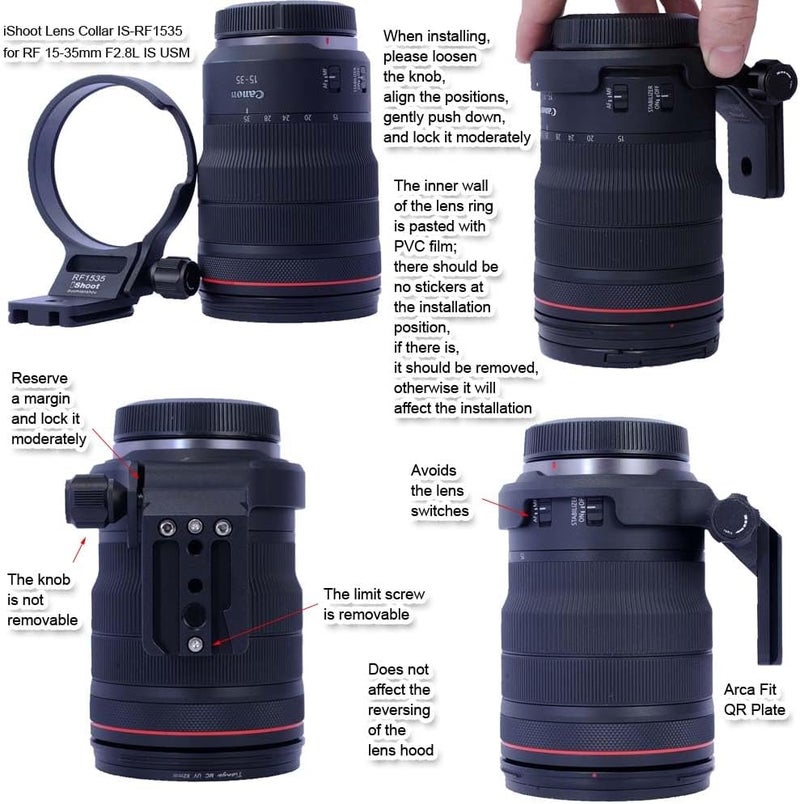 iShoot Lens Collar Tripod Mount Ring Compatible with Canon RF 15-35mm F2.8L is USM, Lens Support Holder Bracket Bottom is Arca-Swiss Fit Quick Release Plate for Arca Tripod Head Clamp & Stabilizer - Image 4
